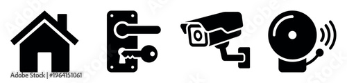 A set of black home security icons. Includes house, door lock with key, CCTV camera, and alarm bell. Perfect for safety, surveillance, and smart home system concepts. Vector.