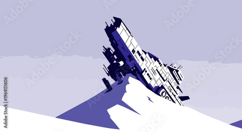 crashed spaceship on snowy mountain a futuristic vessel stuck in an arctic landscape illustrating a minimalist science fiction design.