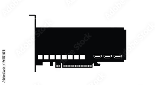 A minimalist silhouette depicts a modern graphics card showcasing its ports and expansion slot interface high quality professional detailed elegant stylish