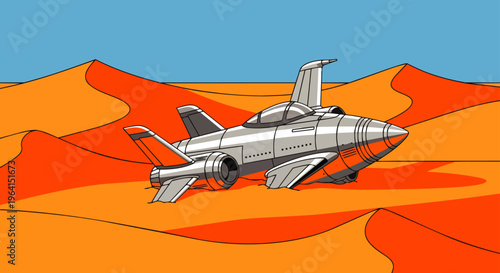retro-futuristic spaceship crash-landed in an expansive desert landscape with sand dunes under a clear blue sky.
