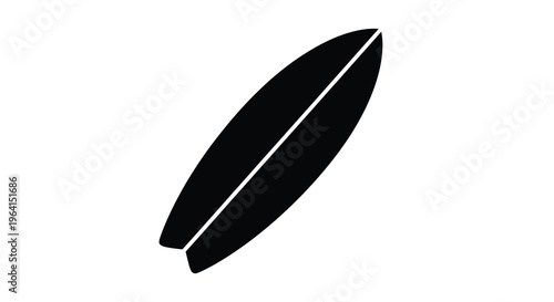 A minimalist depiction of a black surfboard isolated on a stark white background angled diagonally high quality professional detailed modern elegant