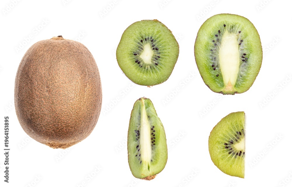 Fototapeta premium Different Kiwi Fruit Cubes or Chinese Gooseberry Slices Isolated on White Background with Copy Space