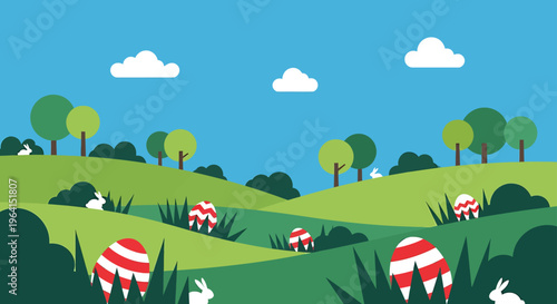easter egg hunt in a vibrant spring landscape featuring hidden eggs and white rabbits among green hills.