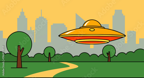 ufo flying saucer cartoon alien spaceship hovering over a green park with city skyline a vibrant science fiction illustration.