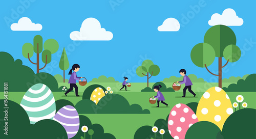 easter egg hunt scene with family and children searching for colorful eggs outdoors in a vibrant spring park
