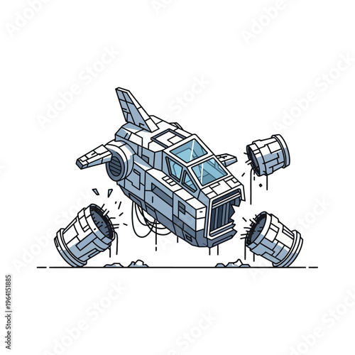 crashed spaceship broken shuttle with detached engines and debris indicating mechanical failure and space accident.