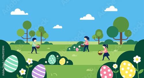 easter egg hunt with children searching for colorful eggs in a vibrant outdoor park celebrating the spring holiday season.