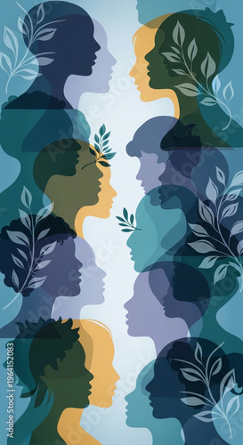 Abstract illustration of layered female profiles in various colors with leaf accents, representing diversity, unity, and connection between people