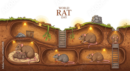 Illustration of rats in a cozy underground burrow for World Rat Day, showcasing domestic pet rat behavior and care in a vector design.