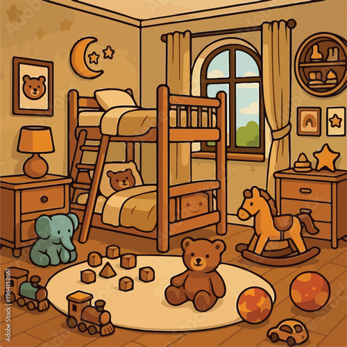 Charming cartoon depicts a cozy child's bedroom, featuring wooden bunk beds, an assortment of plush animal toys, and educational blocks for playful learning.