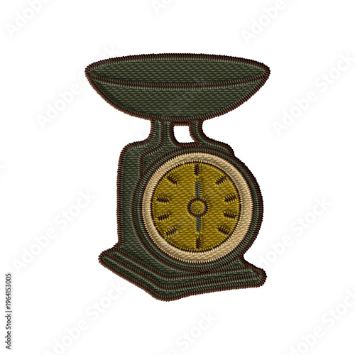 Retro stitched green food scale clipart. Realistic embroidery style, detailed vintage design for kitchen, cooking, or grocery projects