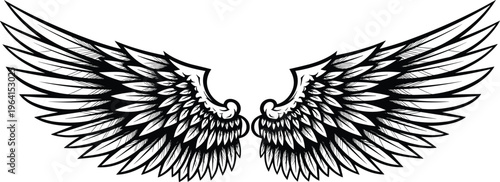 Detailed spread wings silhouette with intricate feathers isolated on white background for heraldic emblem motorcycle patch eagle bird and vector illustration design