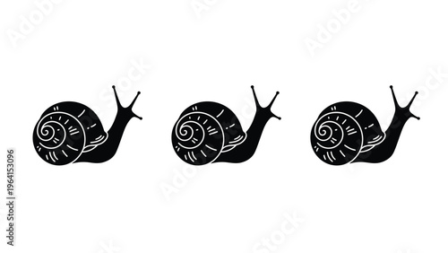 Three Stylized Black Snail Silhouettes in a Row. Minimalist Vector Art for Slow Concepts & Nature Design