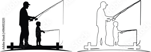 Adult teaching child how to use fishing rod on platform