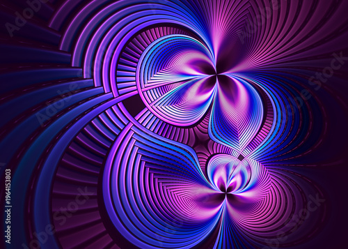Abstract geometric neon lines fractal background with butterfly or flower shapes. Futuristic spirituality or technology concept.