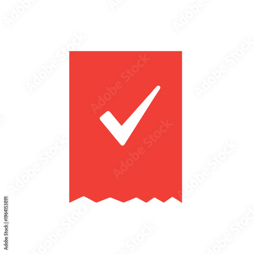 Solid red square graphic icon illustrates a finalized purchase receipt marked clearly with a white affirmative check symbol.