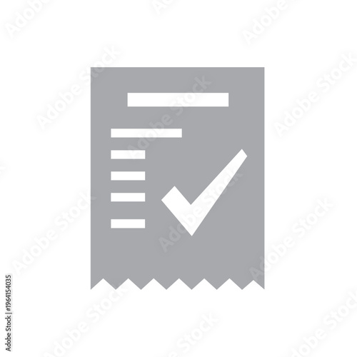 Monochrome receipt icon featuring a prominent checkmark graphic overlaid on a detailed transactional document.