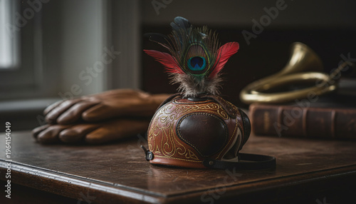 Bespoke leather falconry hood with gold embroidery and exotic feathers on oak table