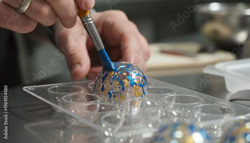 Chocolatier flicking vibrant blue and gold cocoa butter into clear polycarbonate mold