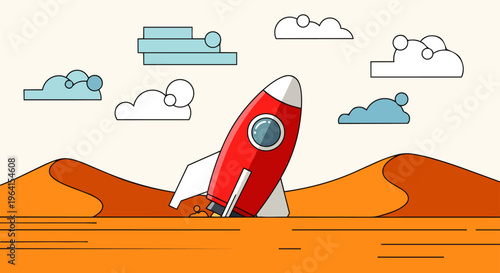 a red and white space rocket making a desert landing on a mars-like planet evoking sci fi adventure and outer space exploration