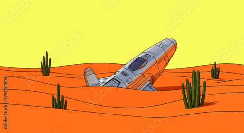 crashed retro airplane half-buried in orange desert sand dunes with cactuses under a bright yellow sky