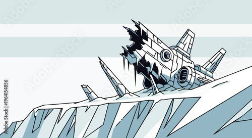 crashed spaceship wreckage embedded in a desolate arctic ice landscape a sci-fi concept illustrating exploration failure in extreme cold.
