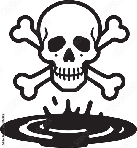 A stark depiction of environmental hazards, featuring a skull and crossbones emblem above a pool of contaminated liquid. This image serves as a potent visual warning of pollution and toxicity.