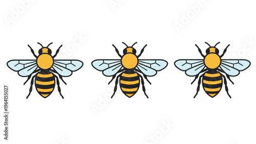 Three cartoon honey bees flying isolated on white. Simple vector illustration of striped insects. Cute bee icon set.
