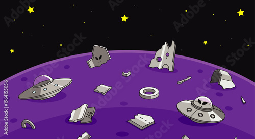 crashed ufo spaceships and alien wreckage on a purple planet under a starry sky a vibrant cartoon illustration.