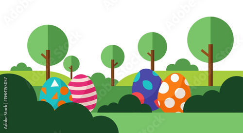 easter egg hunt flat design colorful spring celebration outdoor activity decorated eggs nestled in a grassy field with trees.
