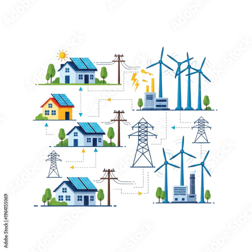 Integrated energy grid system illustration showcasing the seamless connection of traditional power plants with modern renewable sources like solar and wind power, distributing electricity