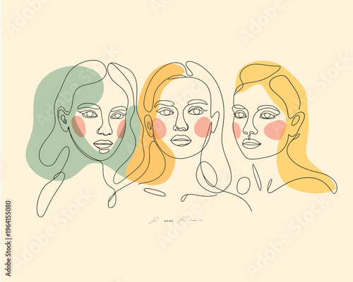 Minimalist line of three women with red lips and green eyeshadow