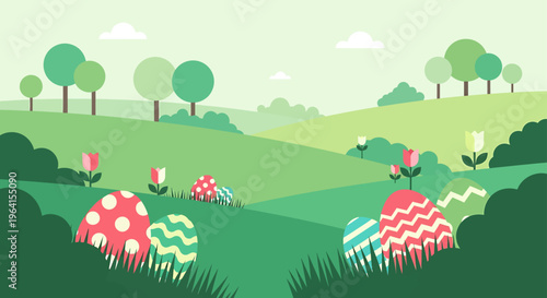 easter eggs spring landscape and an outdoor egg hunt in a vibrant modern flat design nature scene with blooming tulips.