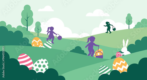 easter egg hunt with children girls collecting colorful eggs on green hills outdoors celebrating a festive spring holiday activity.