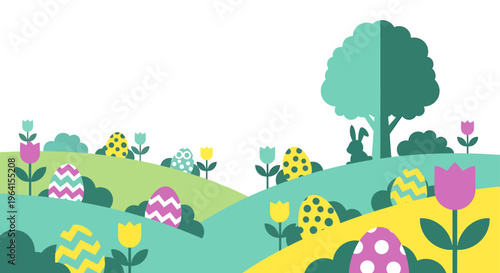 modern flat design easter egg hunt featuring colorful decorated eggs blooming spring tulips and a hidden bunny in a vibrant landscape.