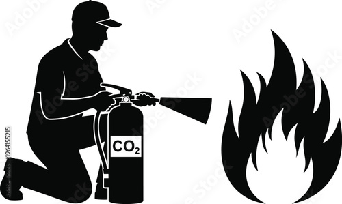Black silhouette vector of a firefighter using a CO2 fire extinguisher to put out flames, safety equipment for emergency prevention.