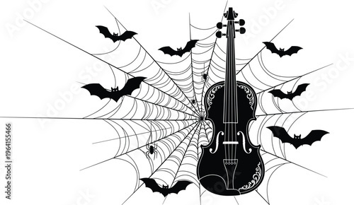 Black and white silhouette of a vintage violin against a large spider web surrounded by flying bats for Halloween decoration.