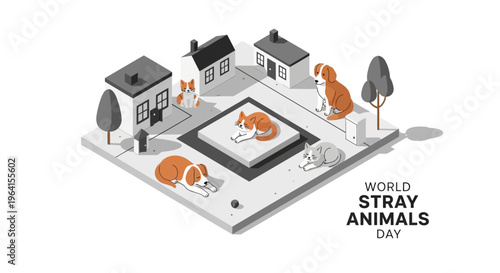 Isometric illustration of stray animals in a neighborhood on World Stray Animals Day with a vector design conveying awareness for homeless animals.