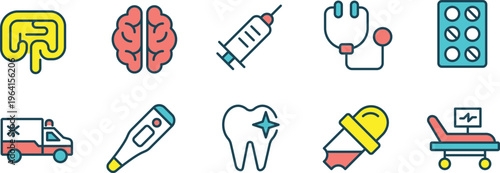 Illustrated icons representing various aspects of healthcare and medical services