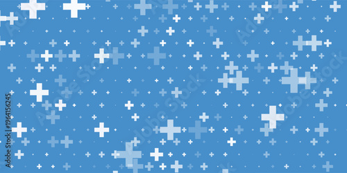 Seamless background pattern of evenly spaced white plus symbols of different sizes and opacity. Vector illustration on blue background with stars