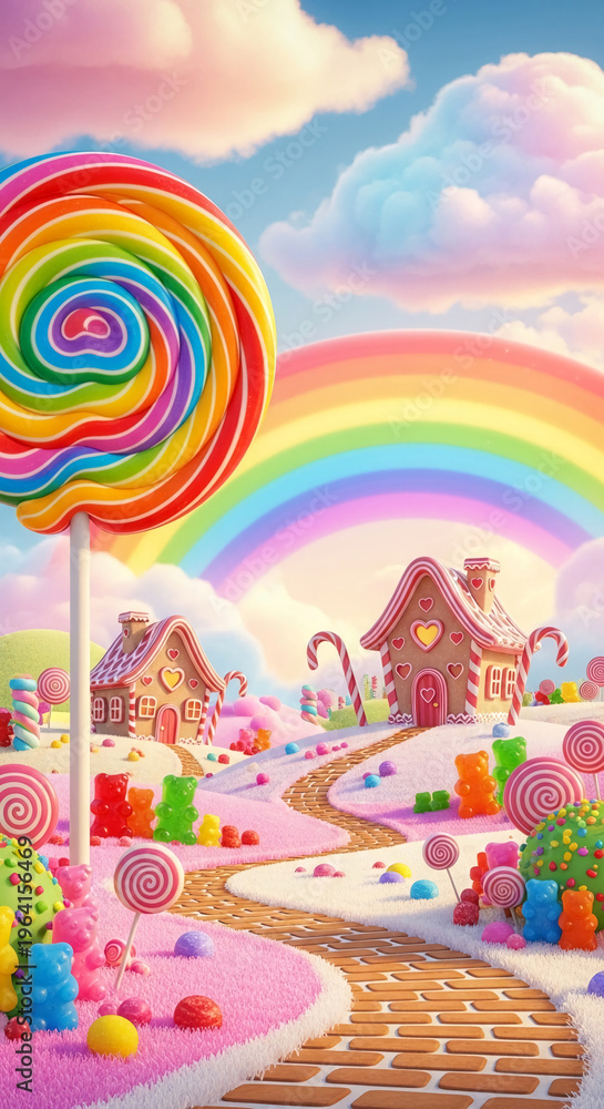 Fototapeta premium Bright candy landscape with rainbow and gingerbread houses, representing a sweet dream, fantasy, or childhood imagination, perfect for a fantasy concept
