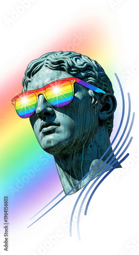 Close-up of sculpture head wearing rainbow sunglasses against rainbow background, symbolizing diversity, inclusion, acceptance, and modern art