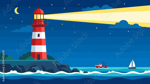 A vibrant illustration of a red and white striped lighthouse shining its bright beam across the dark night sea, with boats sailing under a crescent moon.
