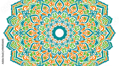 Vibrant and intricate mandala design with radial symmetry in teal, green, and orange colors, featuring detailed floral and geometric patterns.