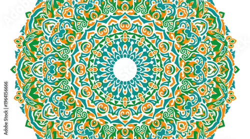 Vibrant symmetrical mandala pattern with intricate details in green, orange, and white colors, featuring a central circular motif.