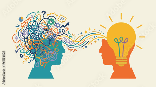 Conceptual illustration depicting the exchange of ideas, problem-solving, and the transformation from confusion to clarity, with two head silhouettes connected by flowing lines.