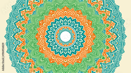 Vibrant and intricate mandala pattern featuring concentric circles with detailed geometric and floral designs in green, orange, and teal hues on a cream background.