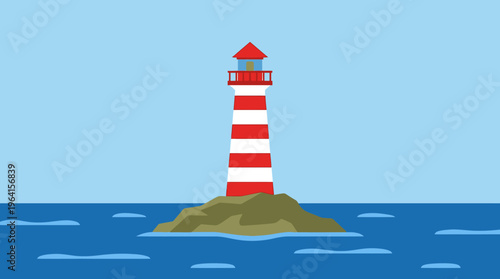 A red and white striped lighthouse stands on a small rocky island in the middle of a calm blue ocean under a clear sky, depicted in a flat vector illustration style.