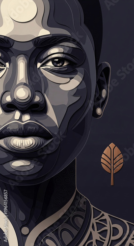 Close-up of dark-skinned person's face, layered paper style, showing texture and depth, representing beauty, culture, and contemporary design art