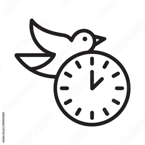 A minimalist depiction of a bird flying above a circular clock face